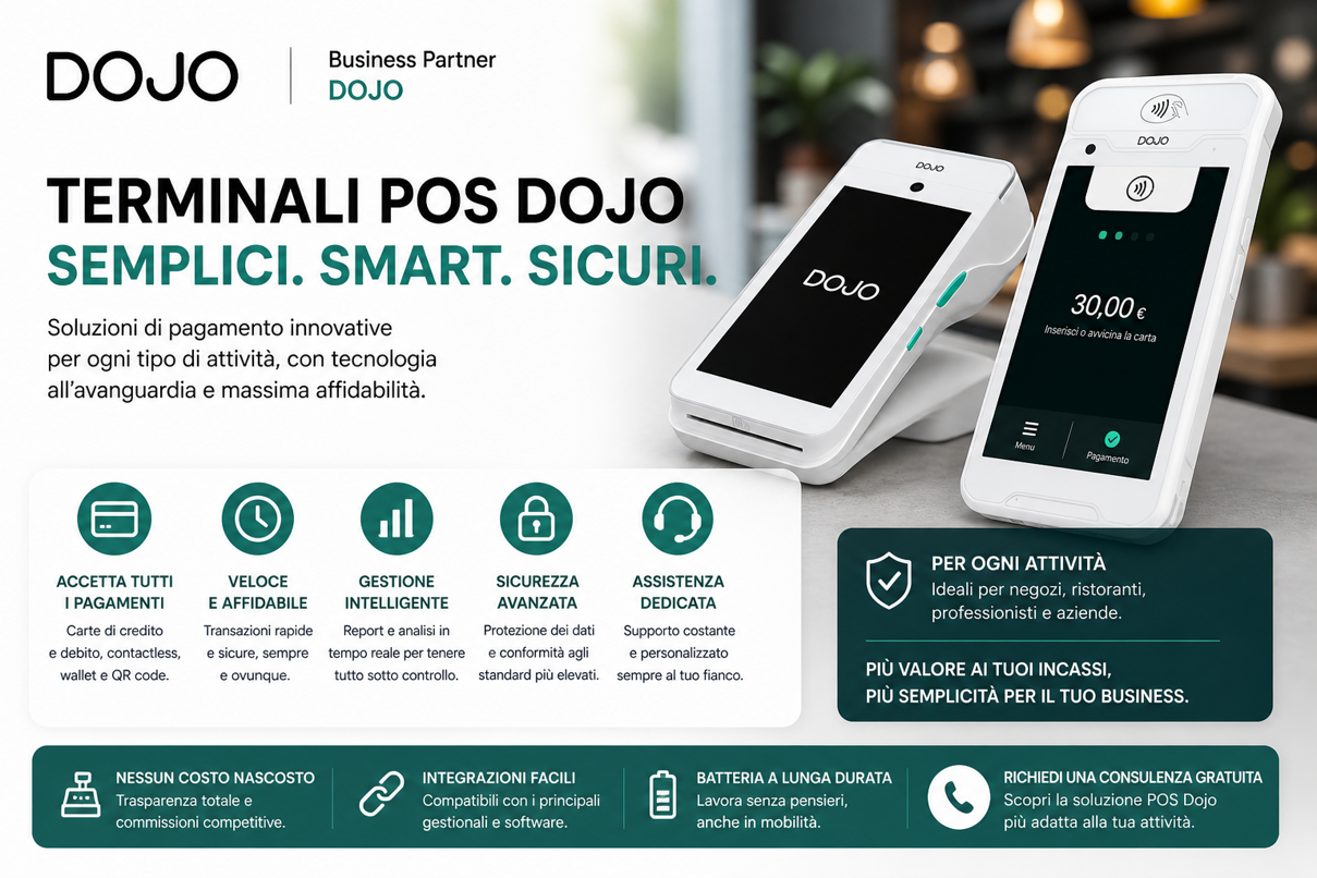 PAGAMENTI ELETTRONICI, CARTE DI CREDITO, TERMINALI POS DOJO, PARTNER DOJO, POS 4G, POS WIFI
